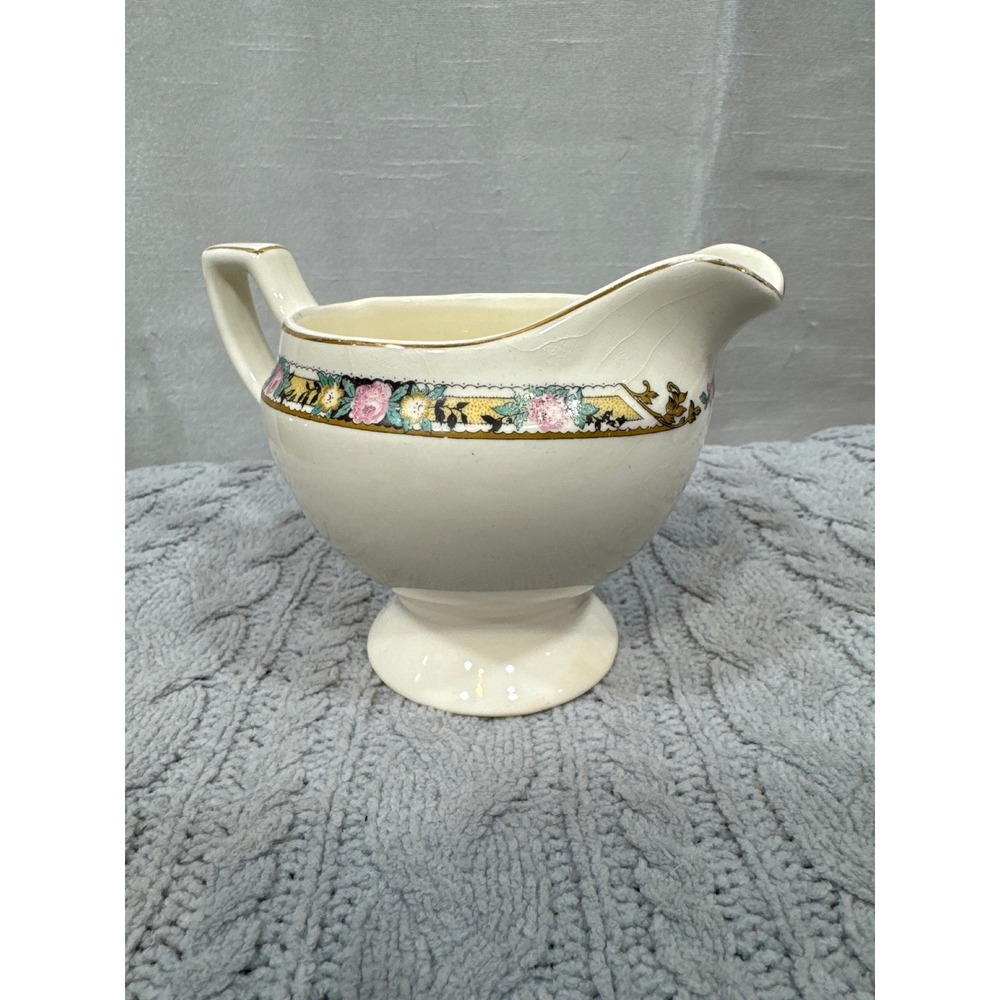 Vintage Floral Footed Creamer‎ Pitcher Gold Trim Gilt Cream Ceramic Crazed